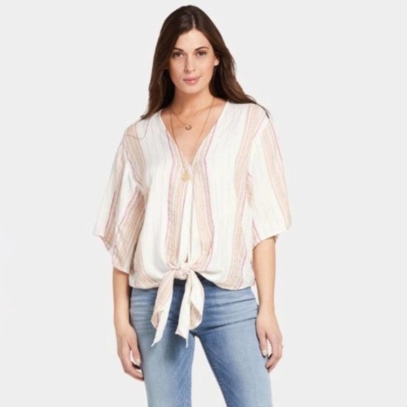 Lovestitch Stripe Tie Front Knot Top V-Neck Blouse - Picture 2 of 8